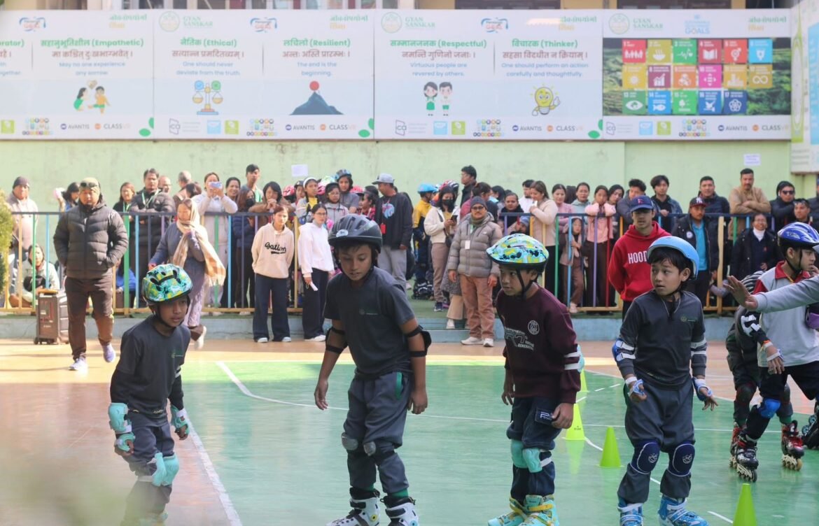 Students participating in the 3rd Gyan Sanskar Interschool National Skating Competition 2082 in Nepal